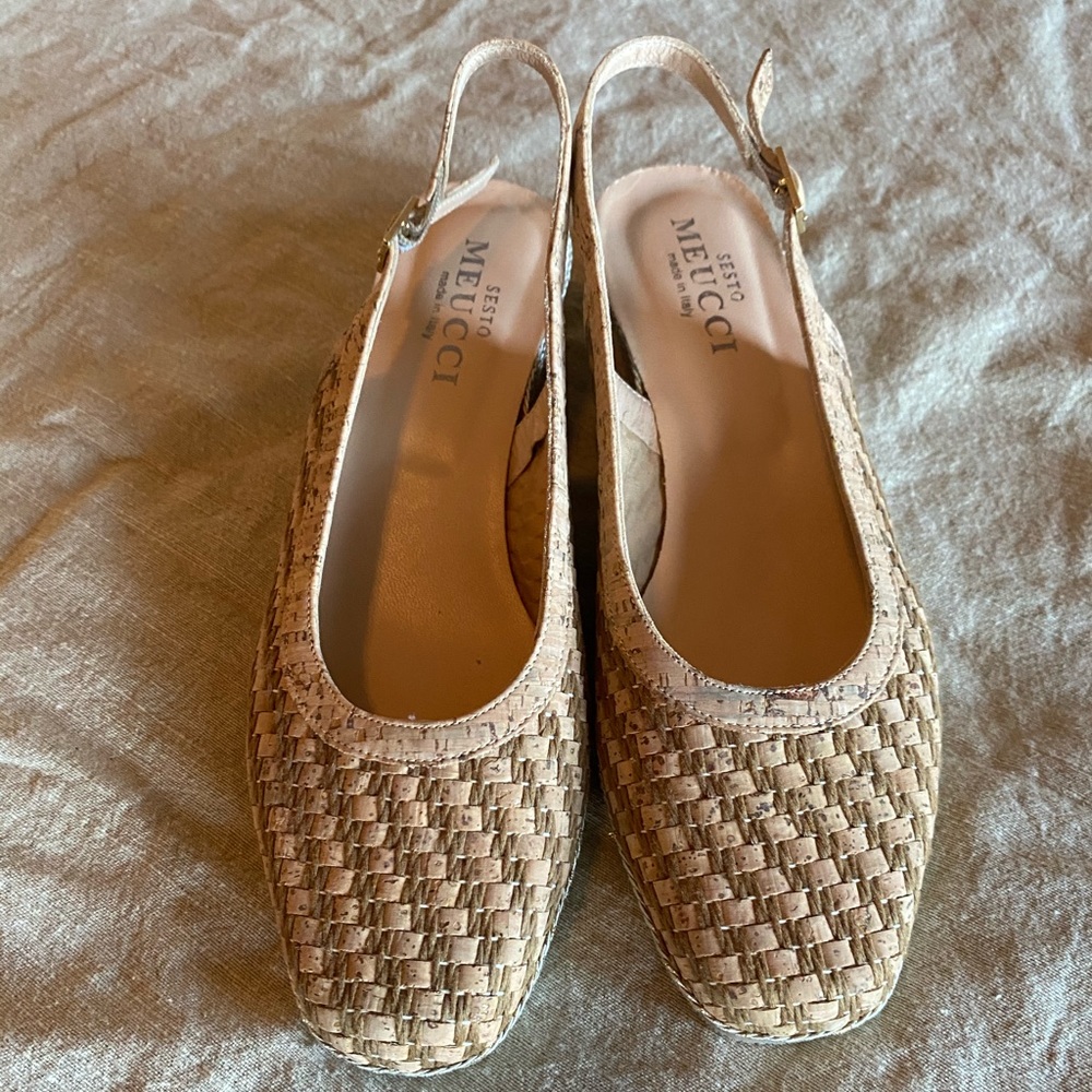 woven leather and cork sling back mules